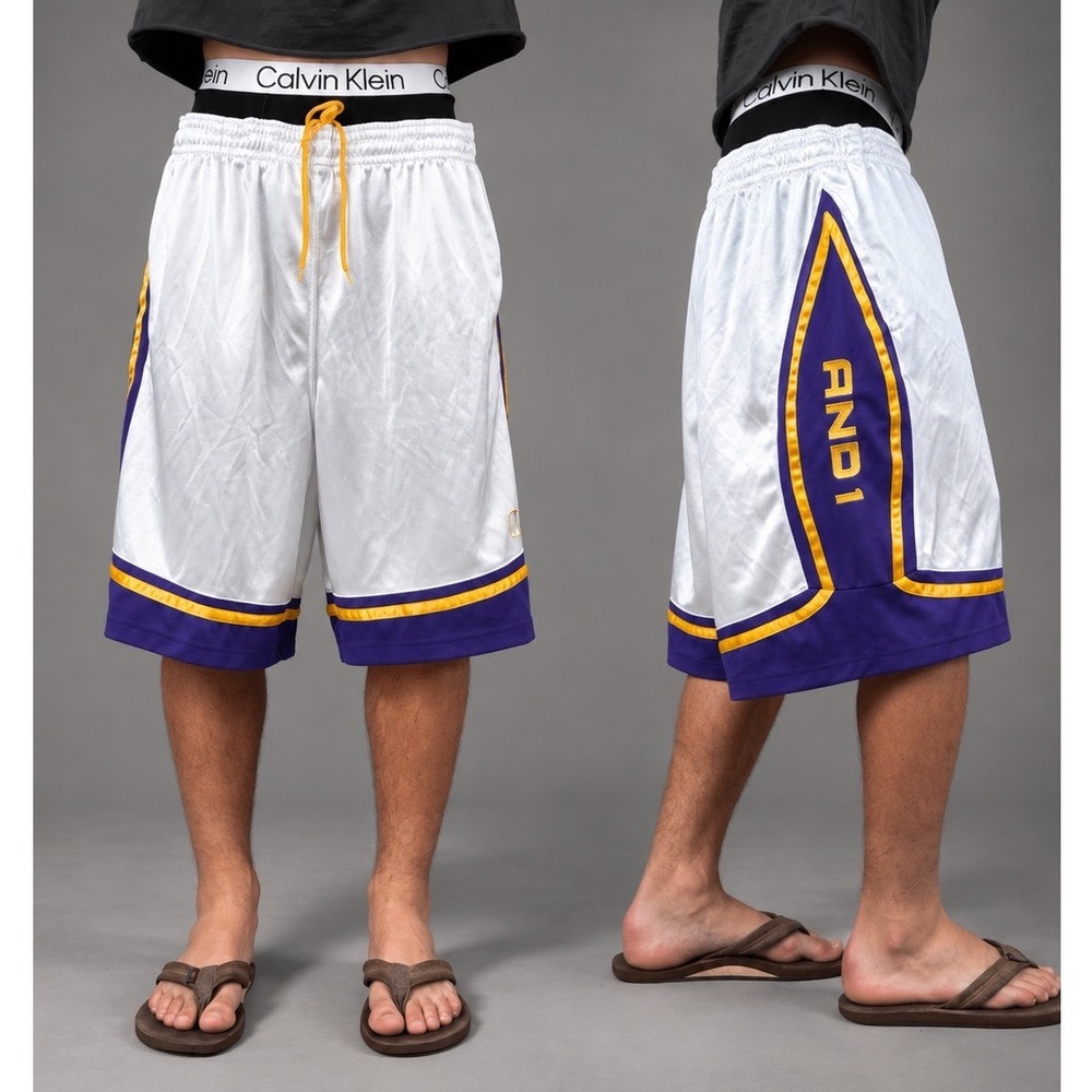 Vintage Lakers AND1 Mens White Purple Yellow Basketball Shorts Baggy Y2K 2XL